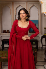 RED COLOR GEORGETTE BASE HAND WORK ANARKALI SUIT SET