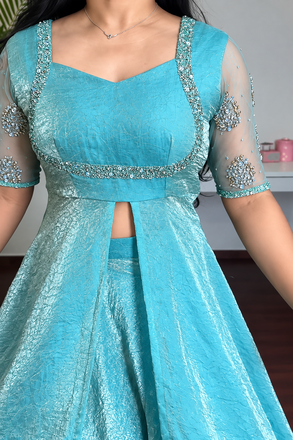 Teal Blue Flared Slit Anarkali Plazo Suit Set