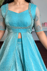 Teal Blue Flared Slit Anarkali Plazo Suit Set