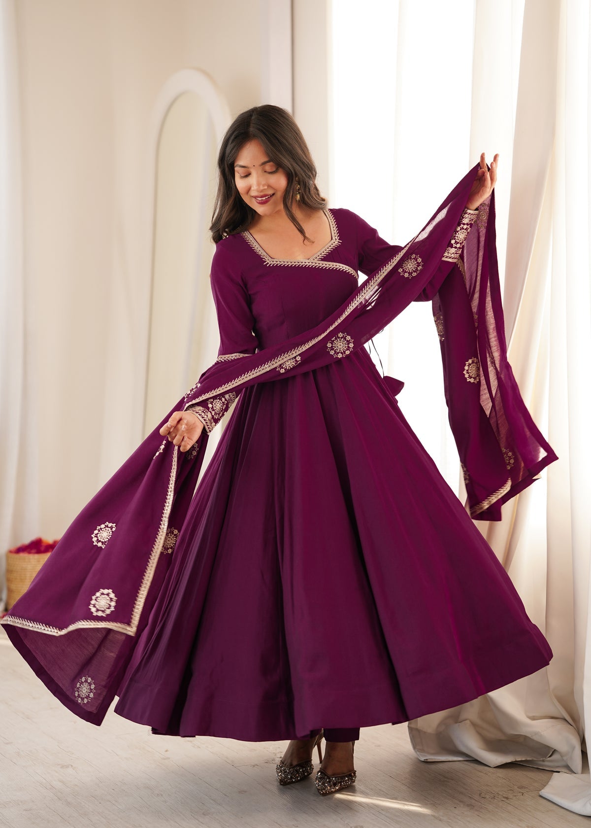 Wine Purple Angrakha Style Anarkali Suit Set