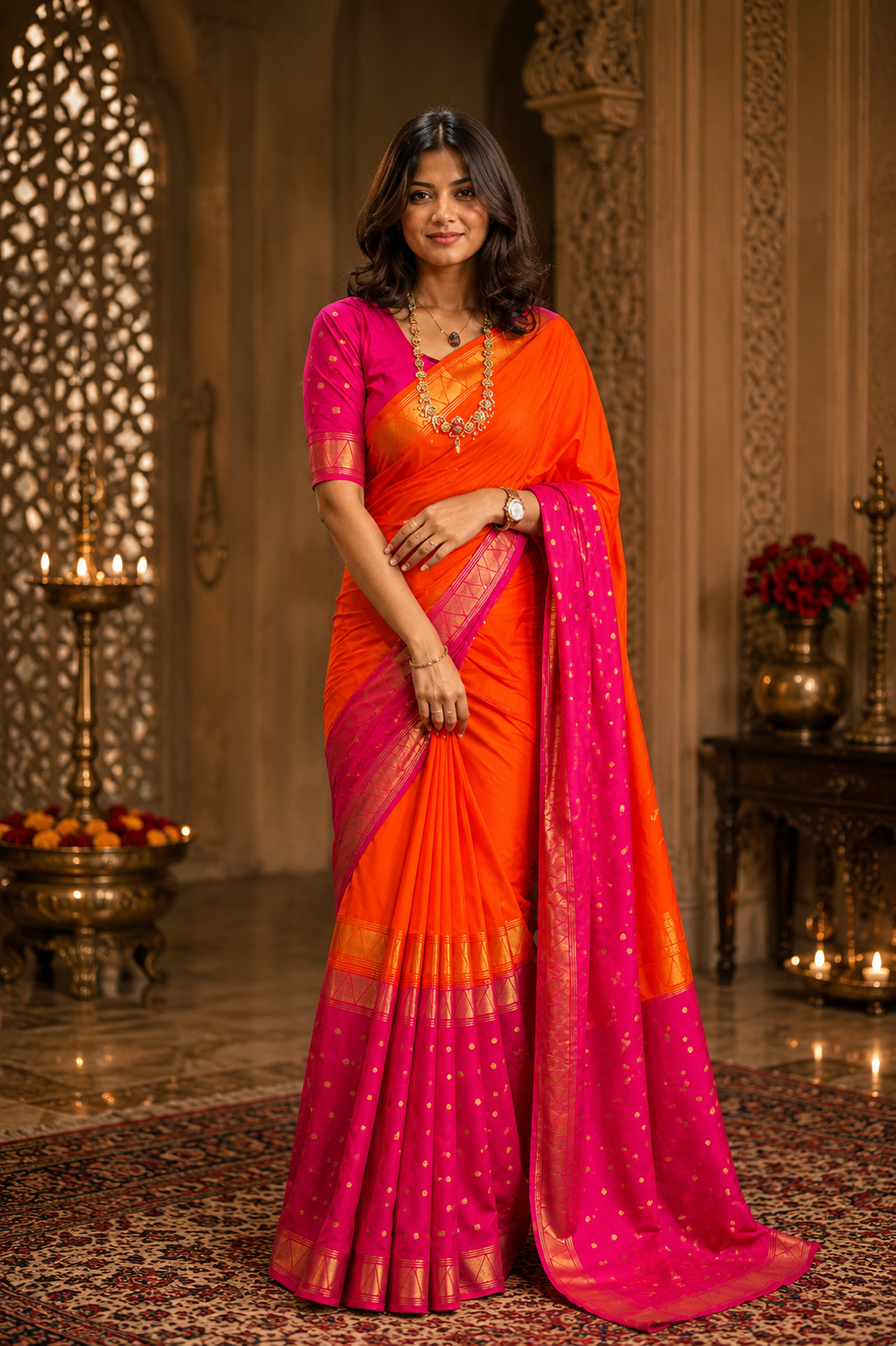 Vibrant Orange & Pink Traditional Zip & Go Silk Saree