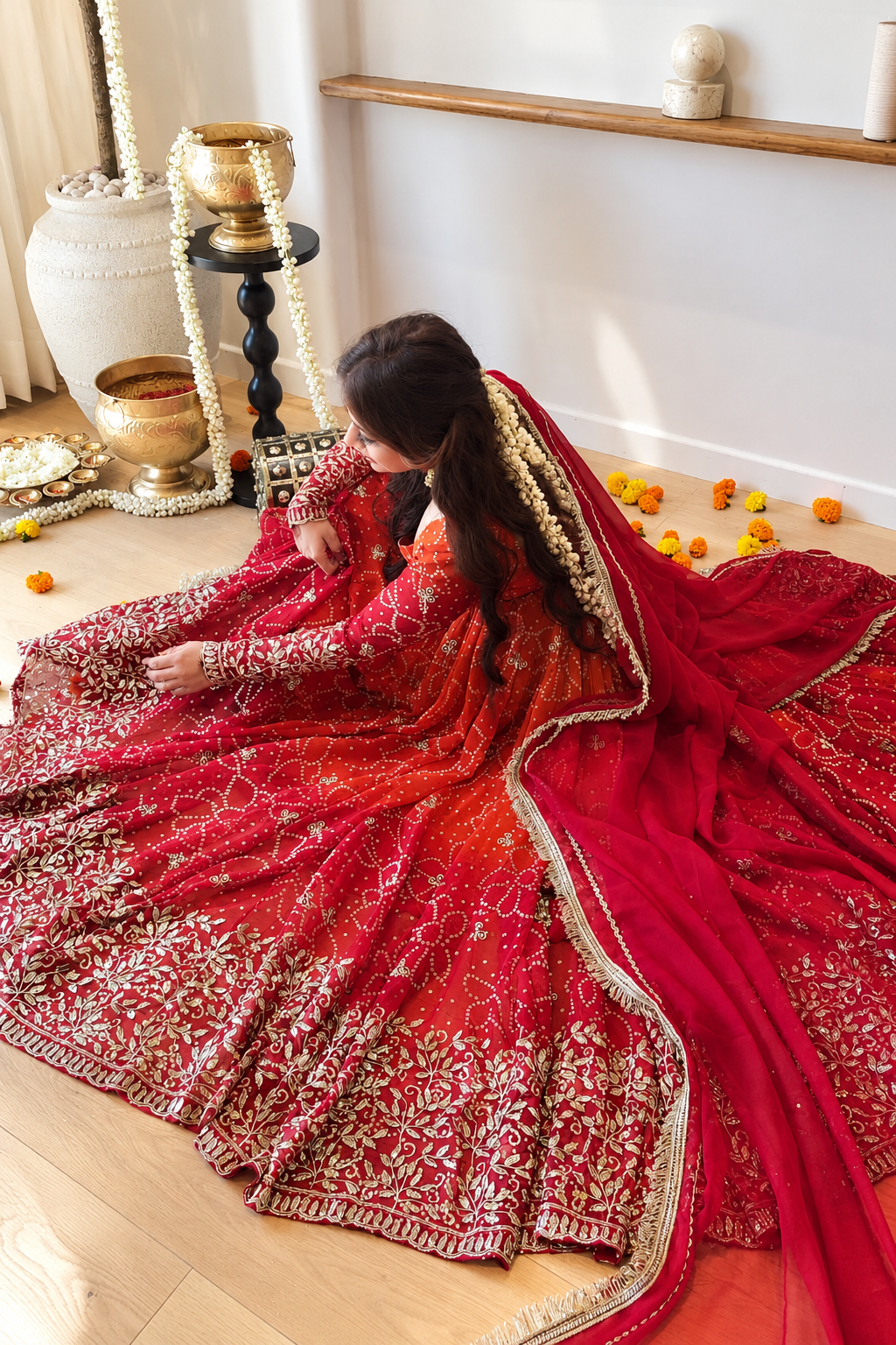 Orange & Red Ombre Bandhani Embroidered Suit Set