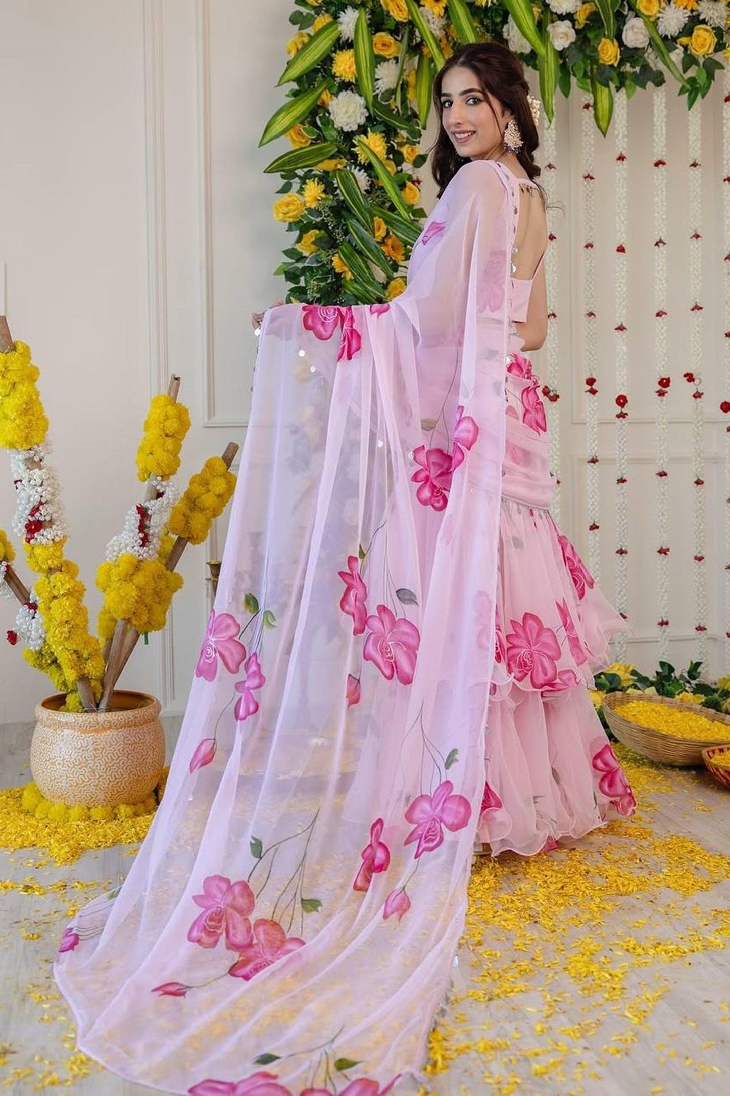 Light Pink Floral Georgette Ruffle Lehenga Saree with Stitched Blouse