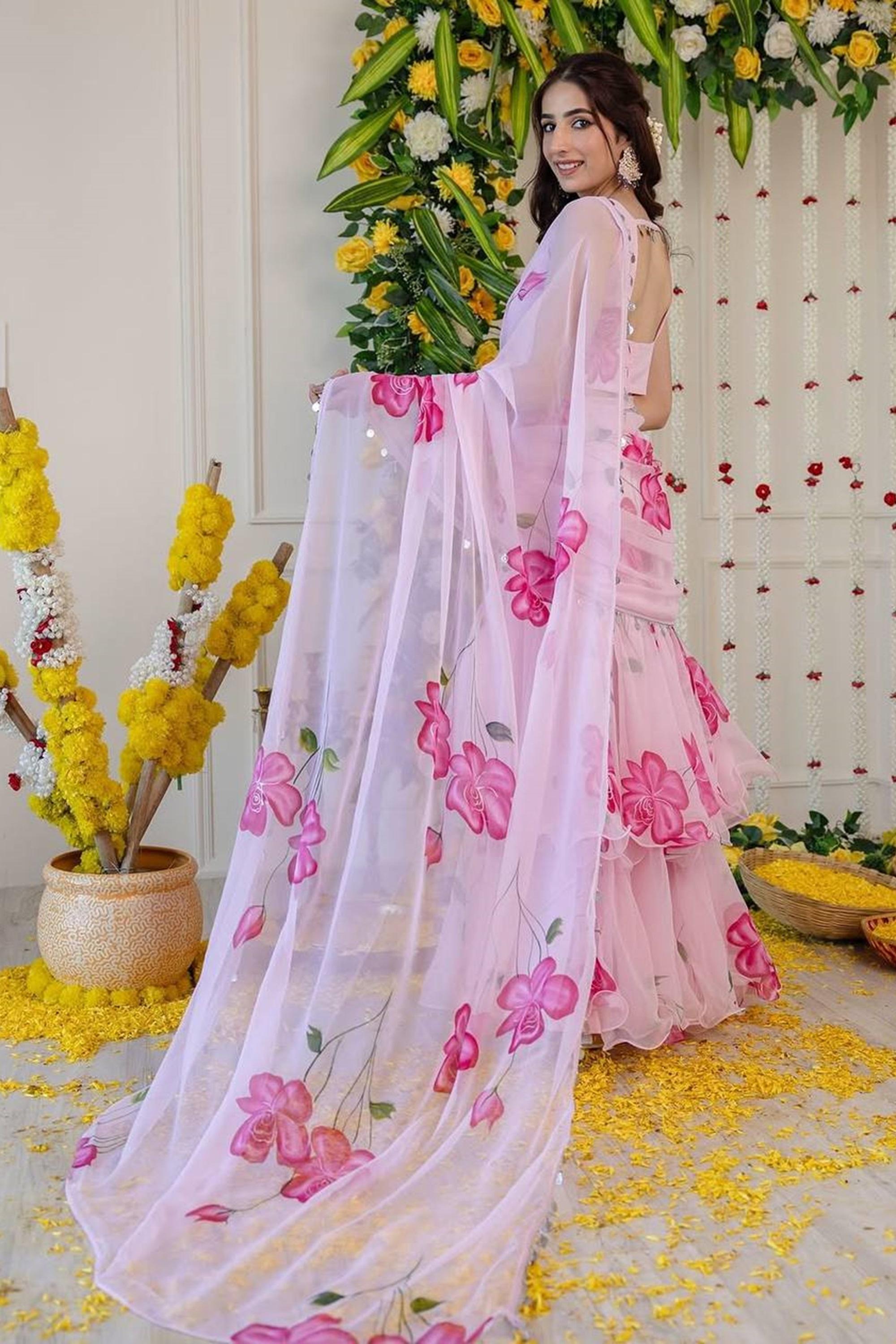 Light Pink Floral Georgette Ruffle Lehenga Saree with Stitched Blouse