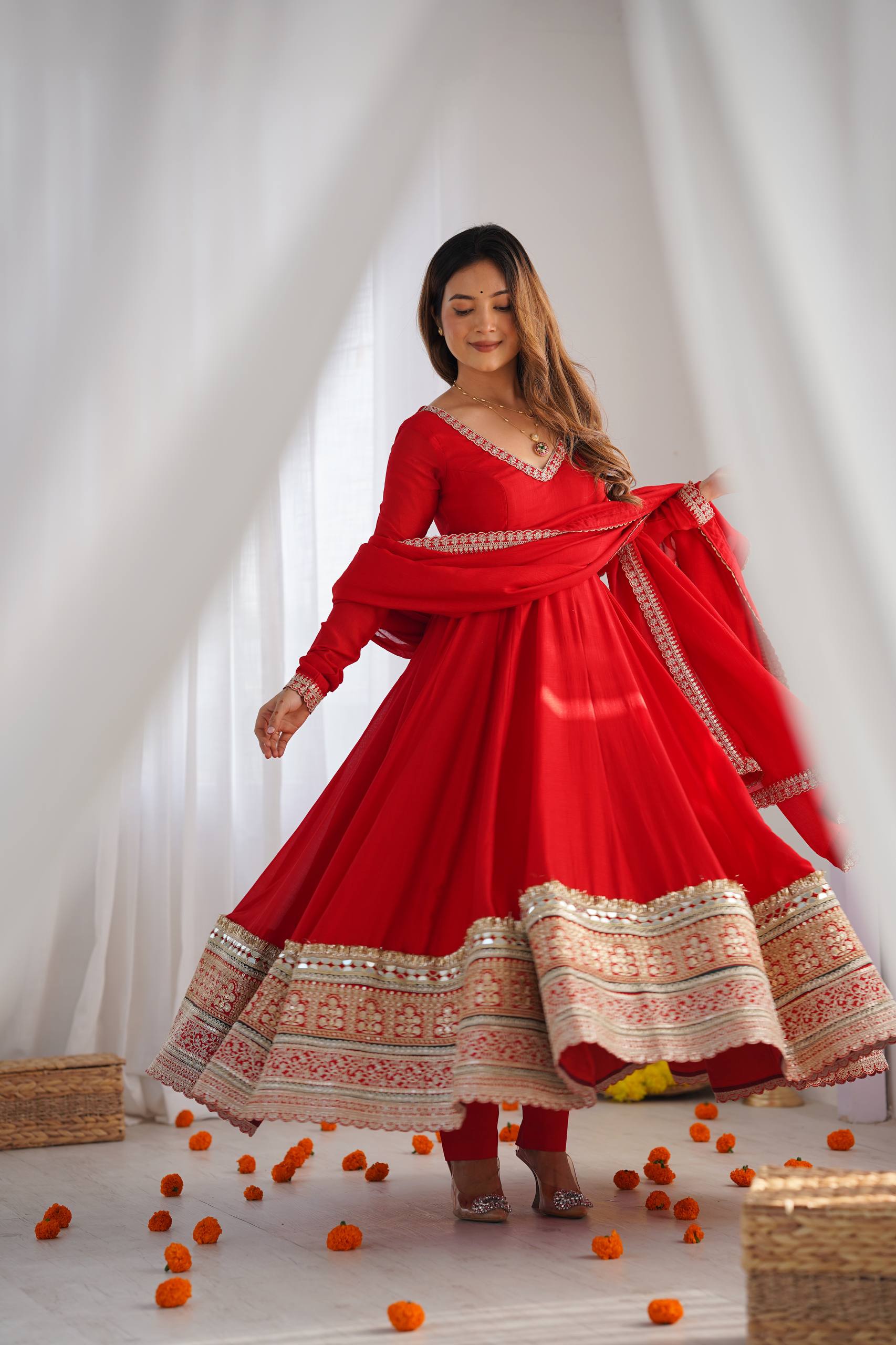 Red Blooming Embroidered Anarkali Suit Set