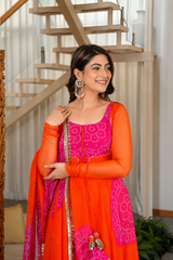 Kesariya Bandhej Designer Anarkali Suit Set