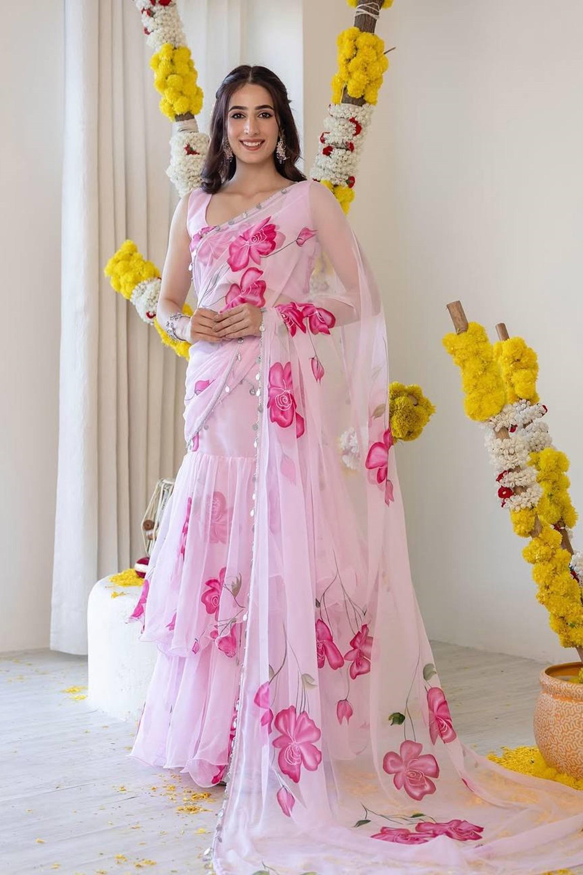 Light Pink Floral Georgette Ruffle Lehenga Saree with Stitched Blouse