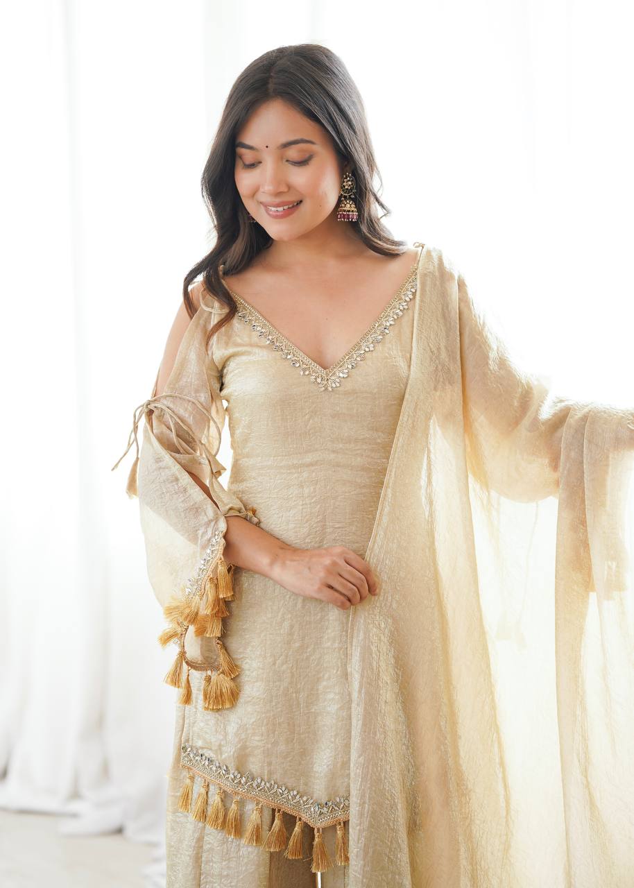 Gold Color Mirror & Tassel Work Ethnic Suit Set
