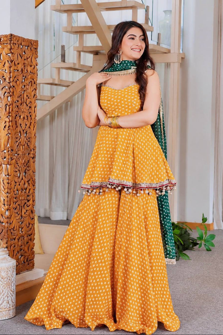 Yellow Bandhani Kediya Style Sharara Suit Set