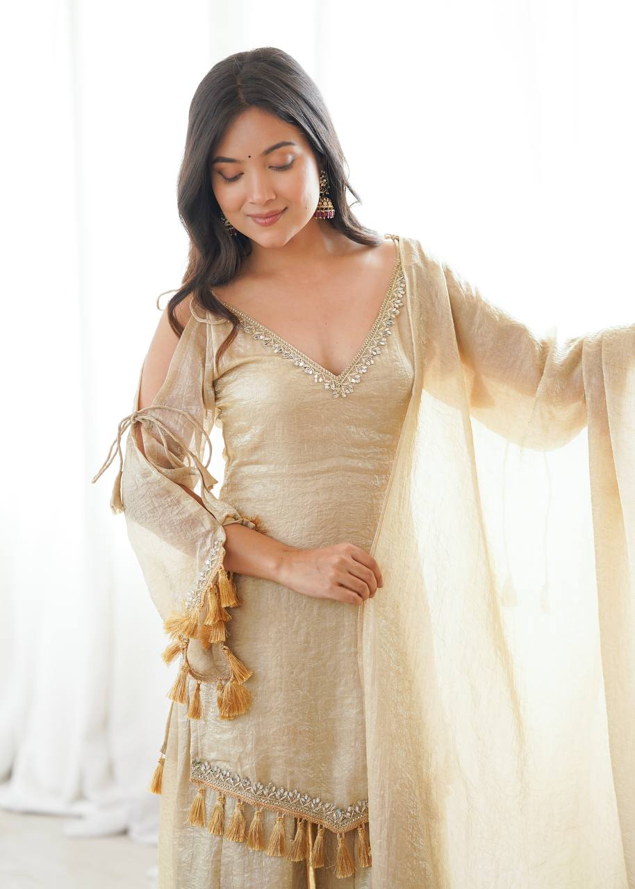 Gold Color Mirror & Tassel Work Ethnic Suit Set