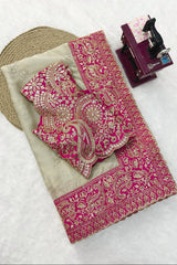 ROSE PINK & IVORY GLASS ORGANZA SILK EMBROIDERED SAREE