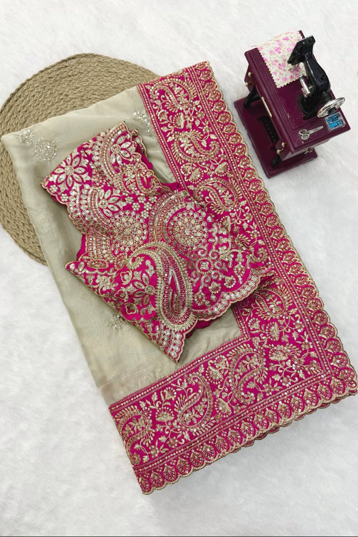 ROSE PINK & IVORY GLASS ORGANZA SILK EMBROIDERED SAREE