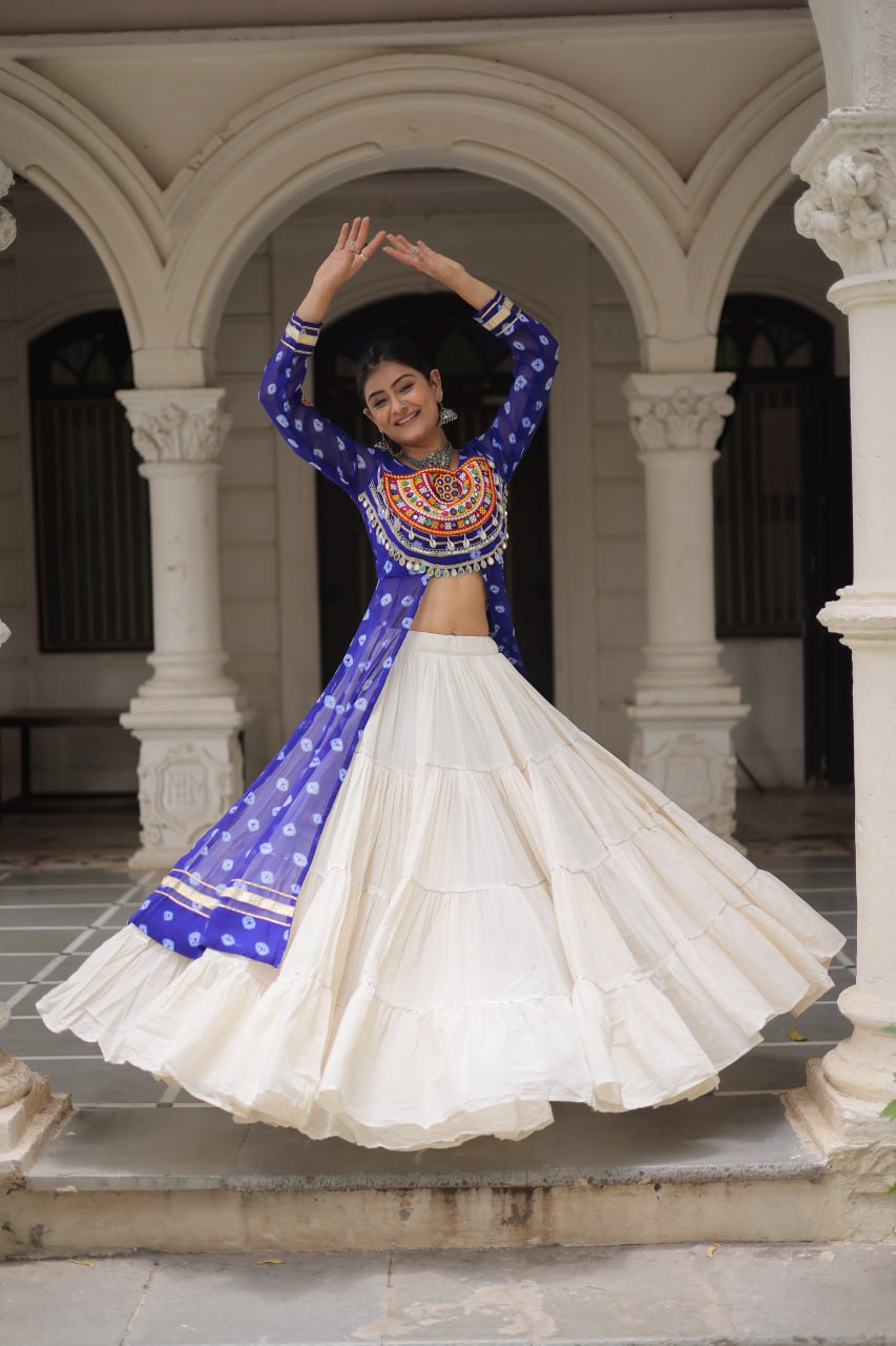 Blue Vibrant Bandhani-Print Long Kurti With Cotton Frill Lehenga