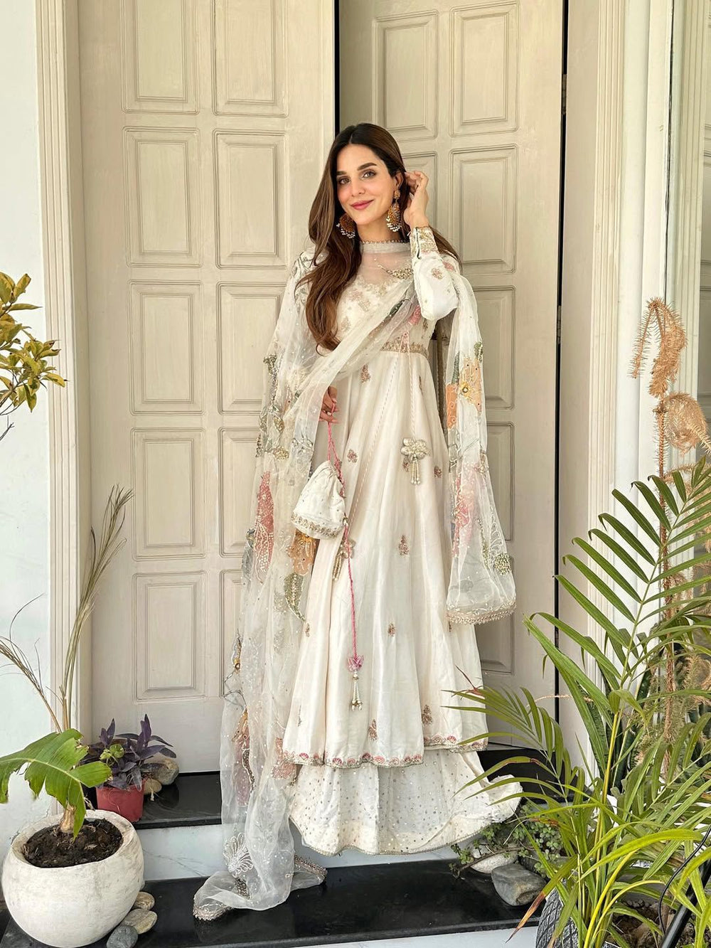 Cream Anarkali Suit With Embroidery Sequence Work