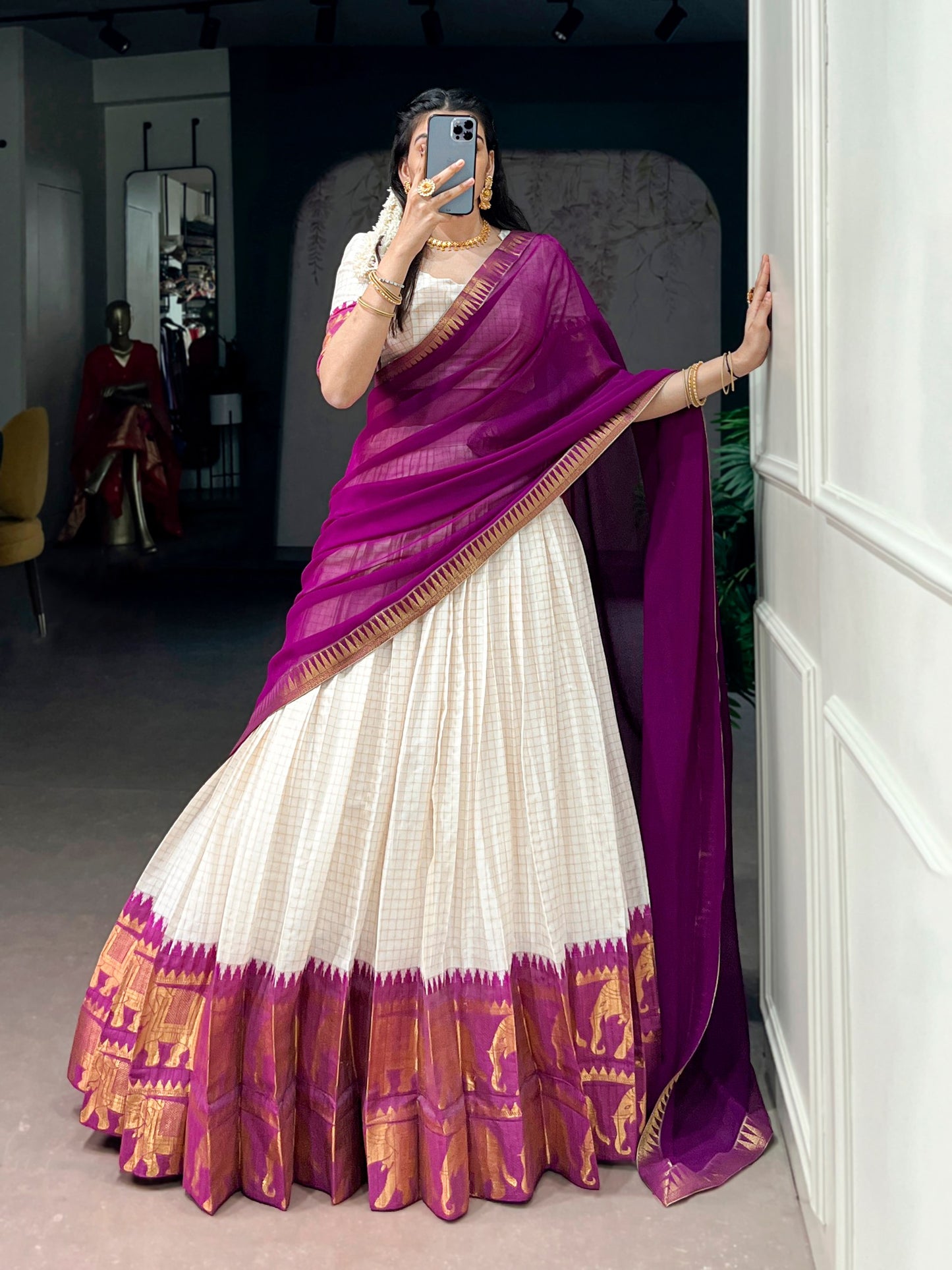 White And Maroon Color Poly Cotton Chex Onam Half Saree