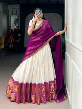 White And Maroon Color Poly Cotton Chex Onam Half Saree