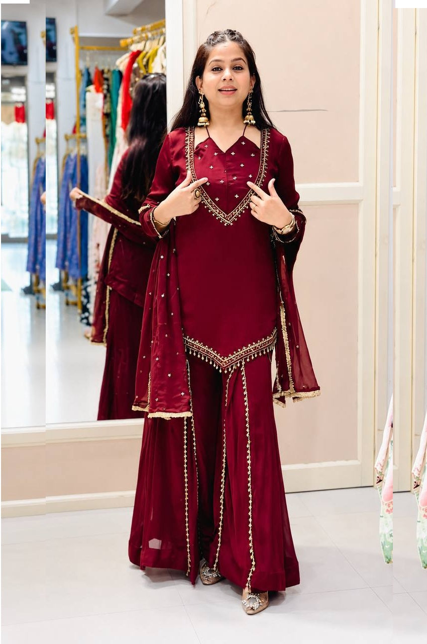 Ruby Red Glass Mirror Work Kurta Palazzo Set