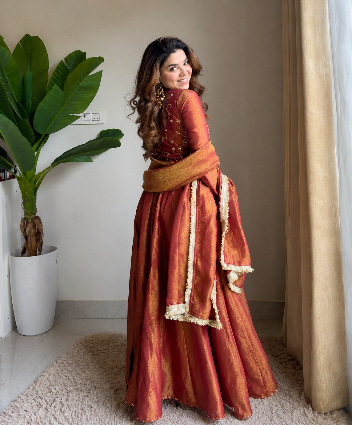 Rust Orange Embroidery Work Koti Anarkali Suit