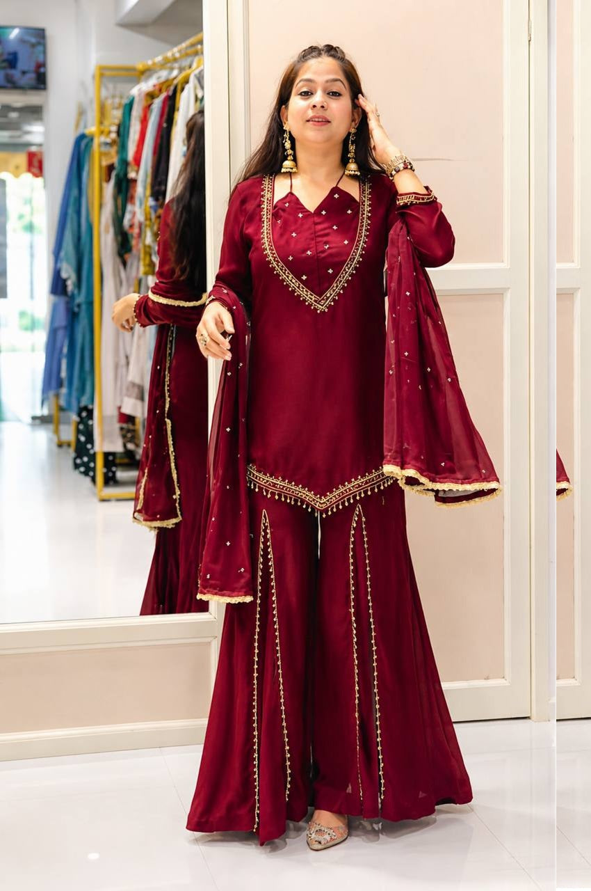 Ruby Red Glass Mirror Work Kurta Palazzo Set