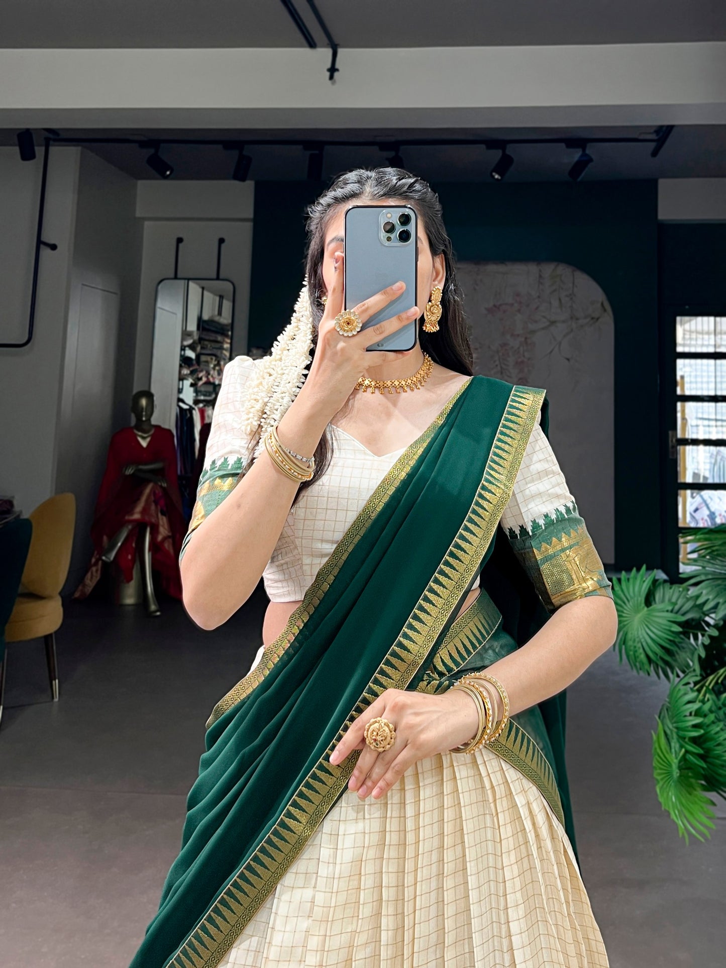 White And Maroon Color Poly Cotton Chex Onam Half Saree
