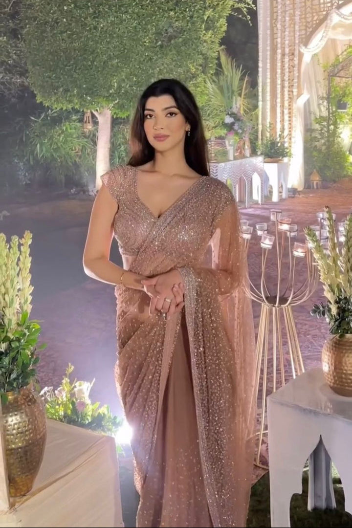 GOLDEN SOFT NET BEAUTIFUL DESIGNER SAREE