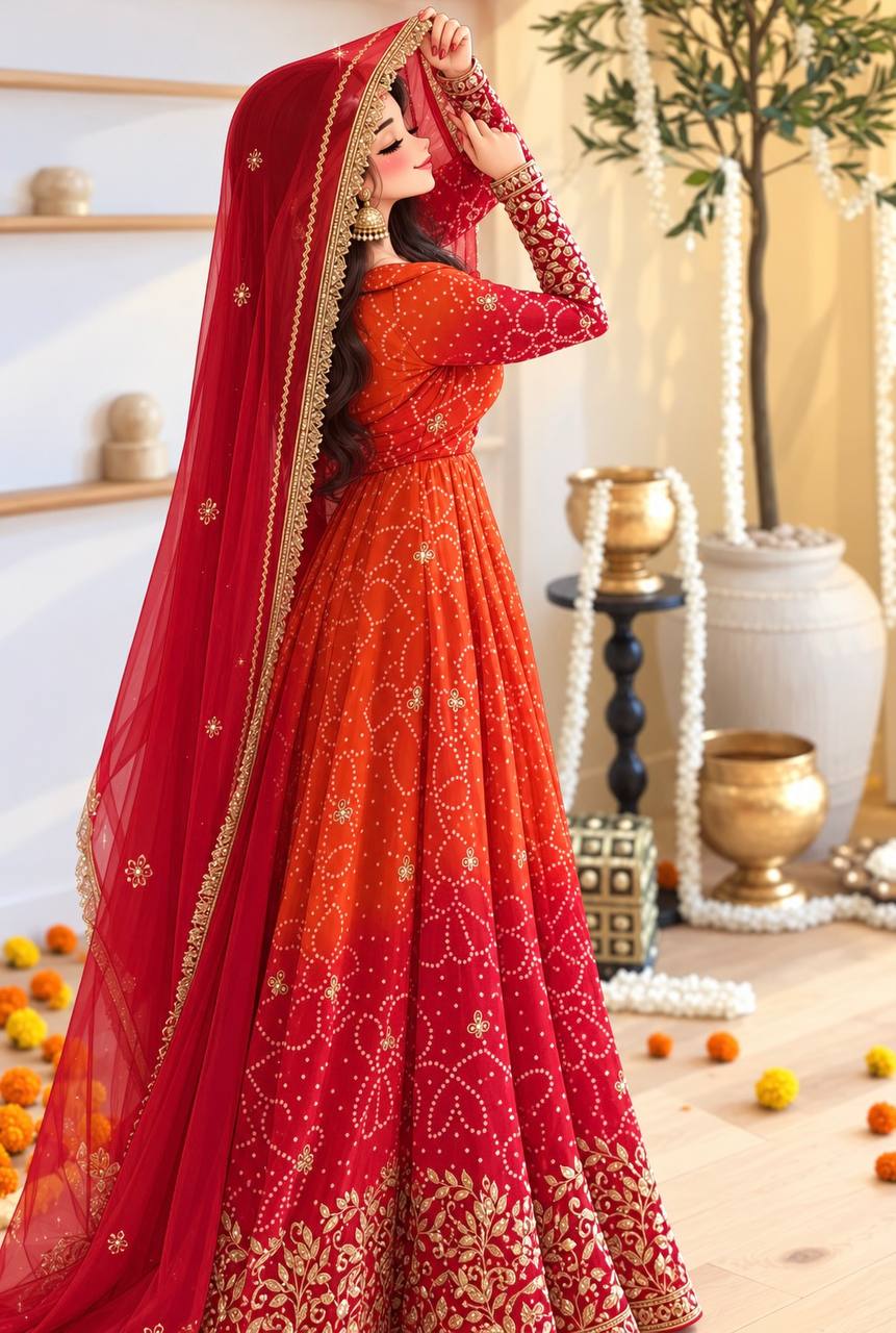 A woman modeling a traditional Indian anarkali lehenga choli in a vibrant red and orange gradient, adorned with intricate gold embroidery and a matching red dupatta with gold borders, set against a decorated indoor background.