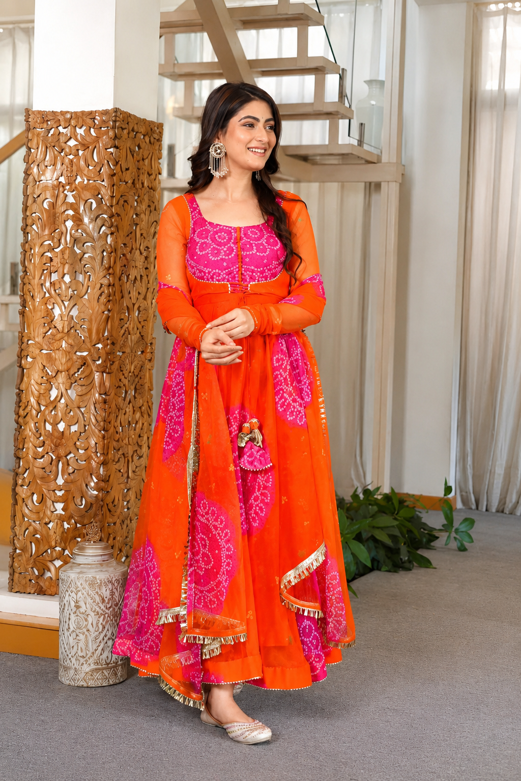 Kesariya Bandhej Designer Anarkali Suit Set