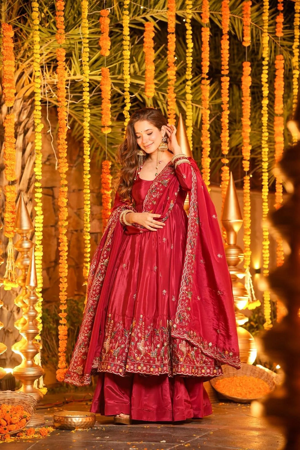 Ravisha Red Floral Anarkali Suit Set