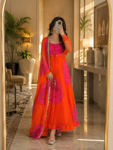 Kesariya Bandhej Designer Anarkali Suit Set