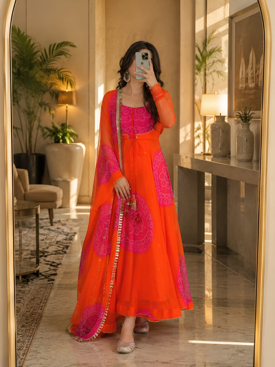 Kesariya Bandhej Designer Anarkali Suit Set
