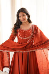 Rust Orange Chanderi Silk Embroidered 16 Kali Anarkali Suit