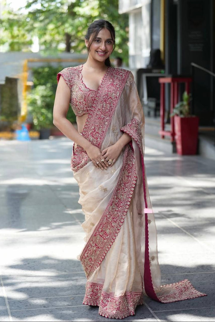 ROSE PINK & IVORY GLASS ORGANZA SILK EMBROIDERED SAREE