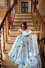 Sky Blue Floral Print Lehenga Saree With Blouse Material