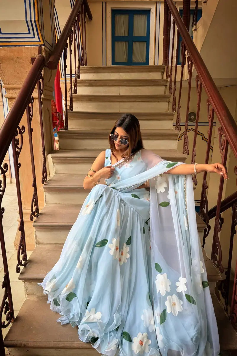 Sky Blue Floral Print Lehenga Saree With Blouse Material