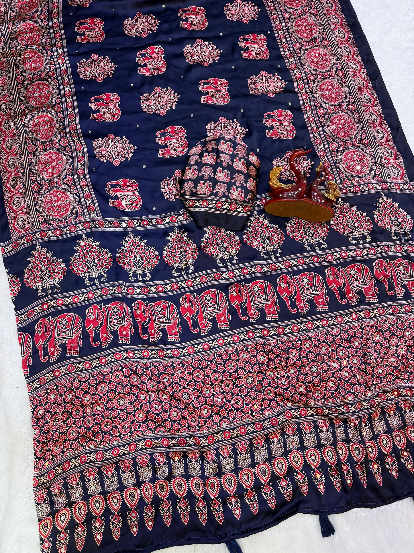 Elephant Mirror Work Ajrakh Printed Saree