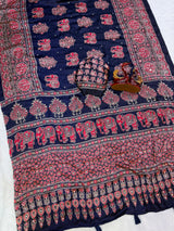 Elephant Mirror Work Ajrakh Printed Saree