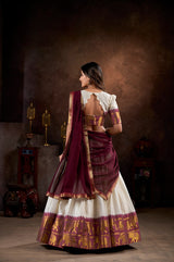 White And Maroon Color Poly Cotton Chex Onam Half Saree