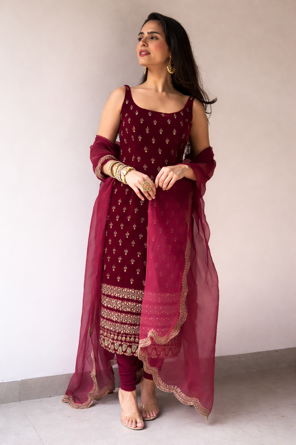 Maroon Heavy Embroidery Work Suit Set