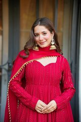 Rani Pink Color Faux Blooming Embroidered Sharara Suit