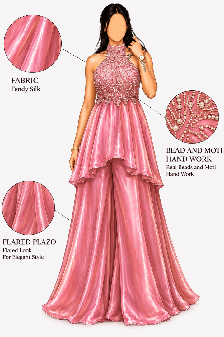 A pink formal gown shown on a mannequin-style model against a light gray background, with three circular detail callouts highlighting fabric, bead and motif hand work, and the flared plazzo skirt. Text labels describe the features.