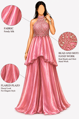 A pink formal gown shown on a mannequin-style model against a light gray background, with three circular detail callouts highlighting fabric, bead and motif hand work, and the flared plazzo skirt. Text labels describe the features.