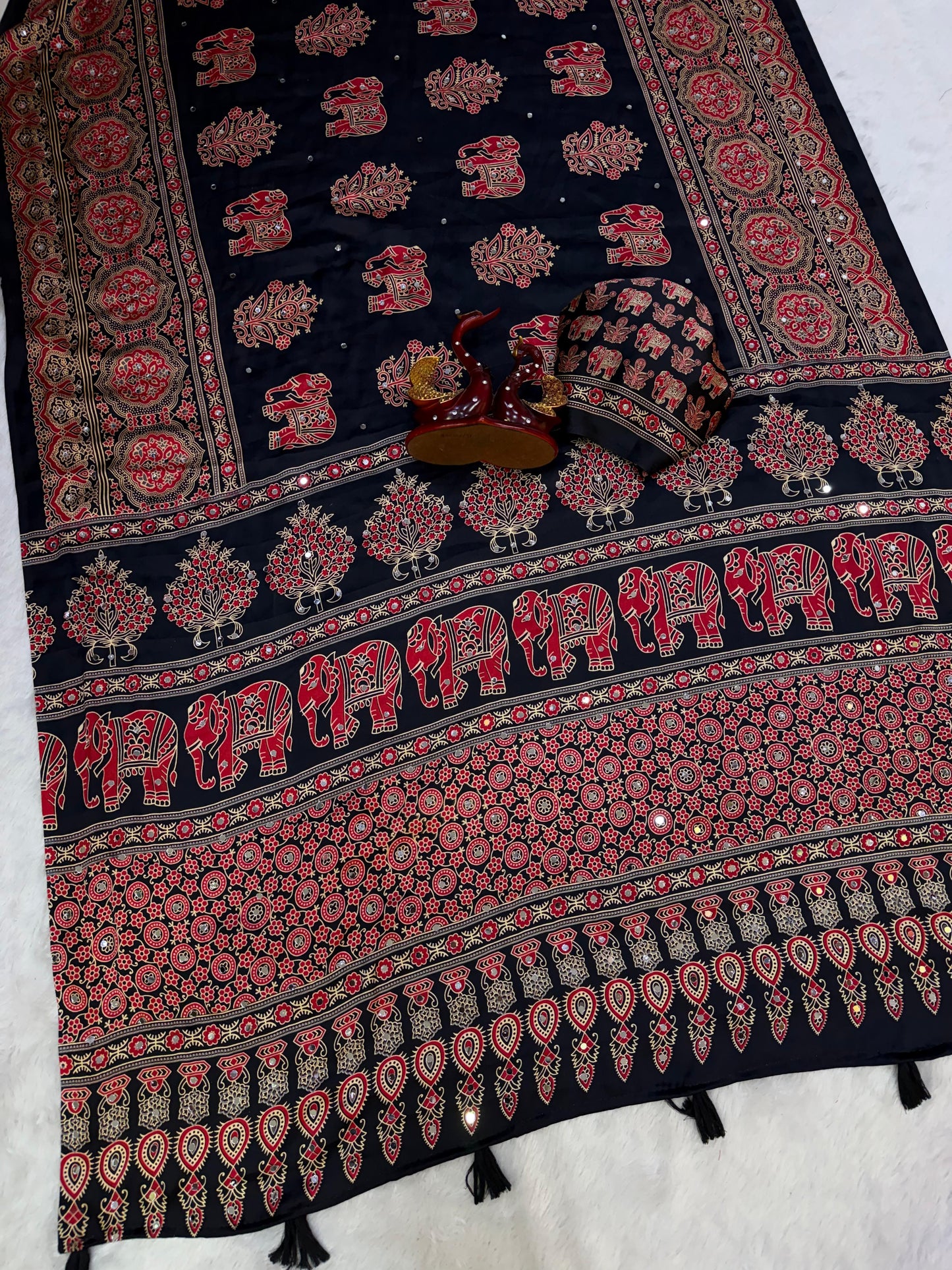 Elephant Mirror Work Ajrakh Printed Saree