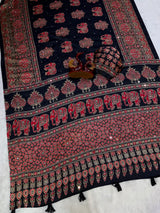 Elephant Mirror Work Ajrakh Printed Saree