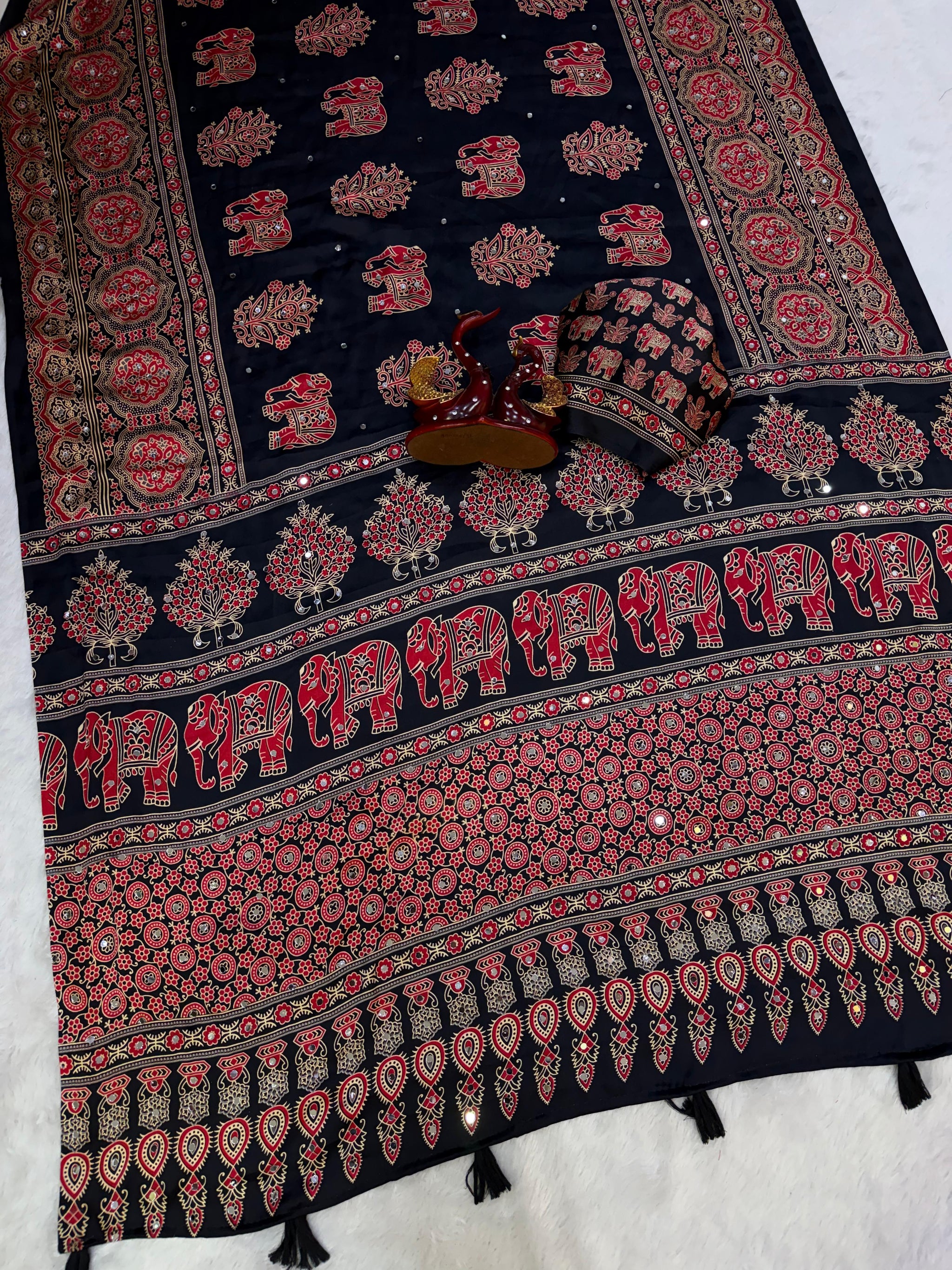 Elephant Mirror Work Ajrakh Printed Saree