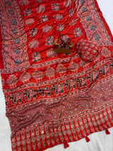 Elephant Mirror Work Ajrakh Printed Saree