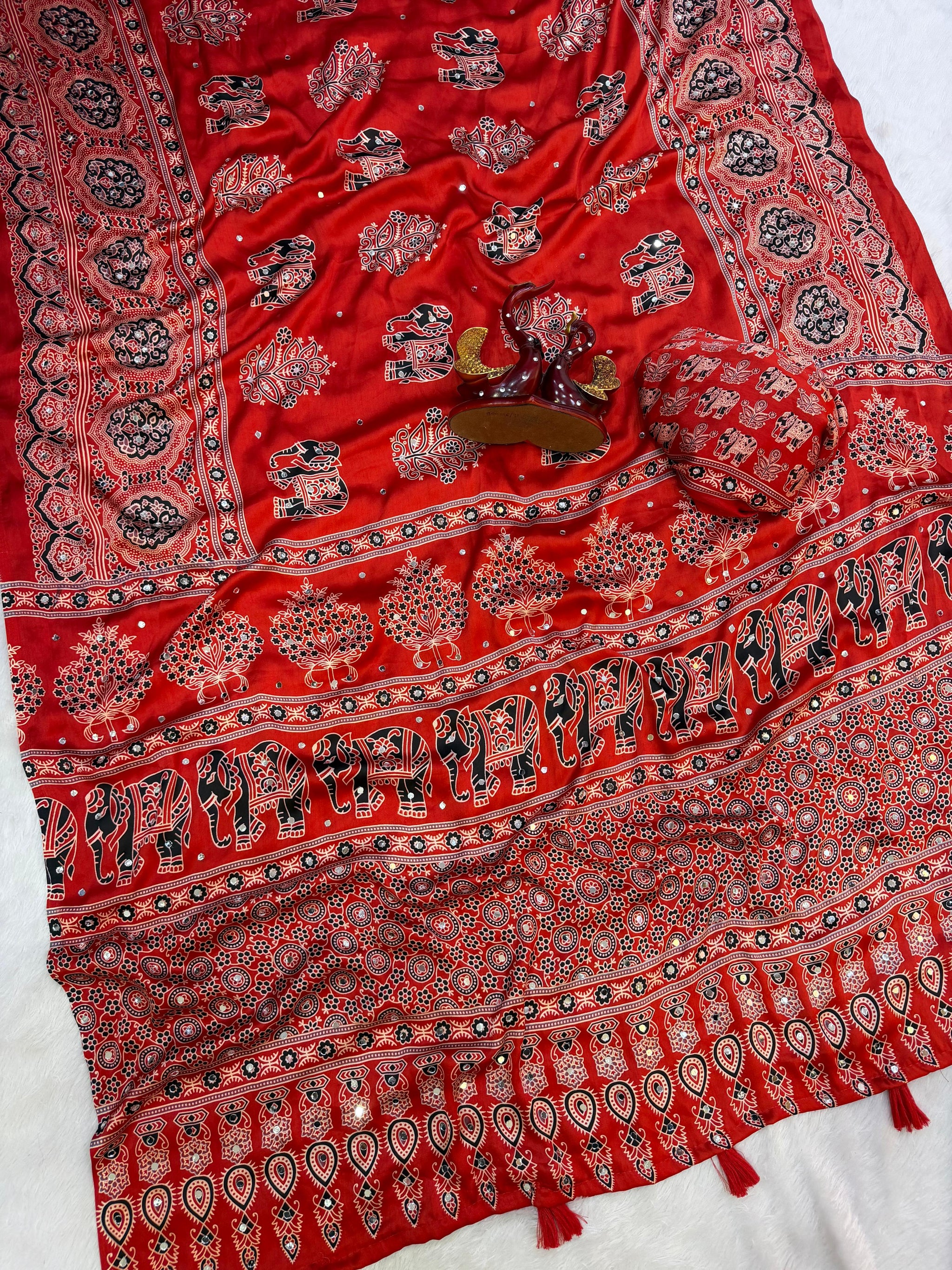 Elephant Mirror Work Ajrakh Printed Saree