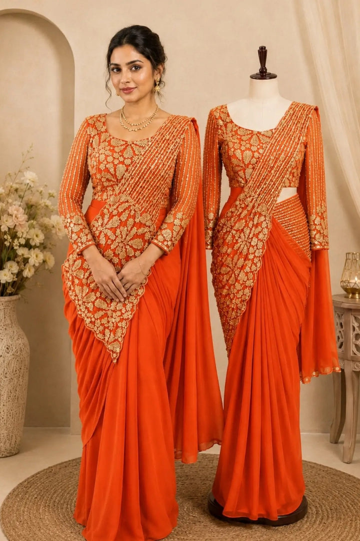 An orange saree with intricate gold floral embroidery on the bodice and sleeves, shown both modeled by a woman and displayed on a mannequin in a styled indoor setting.