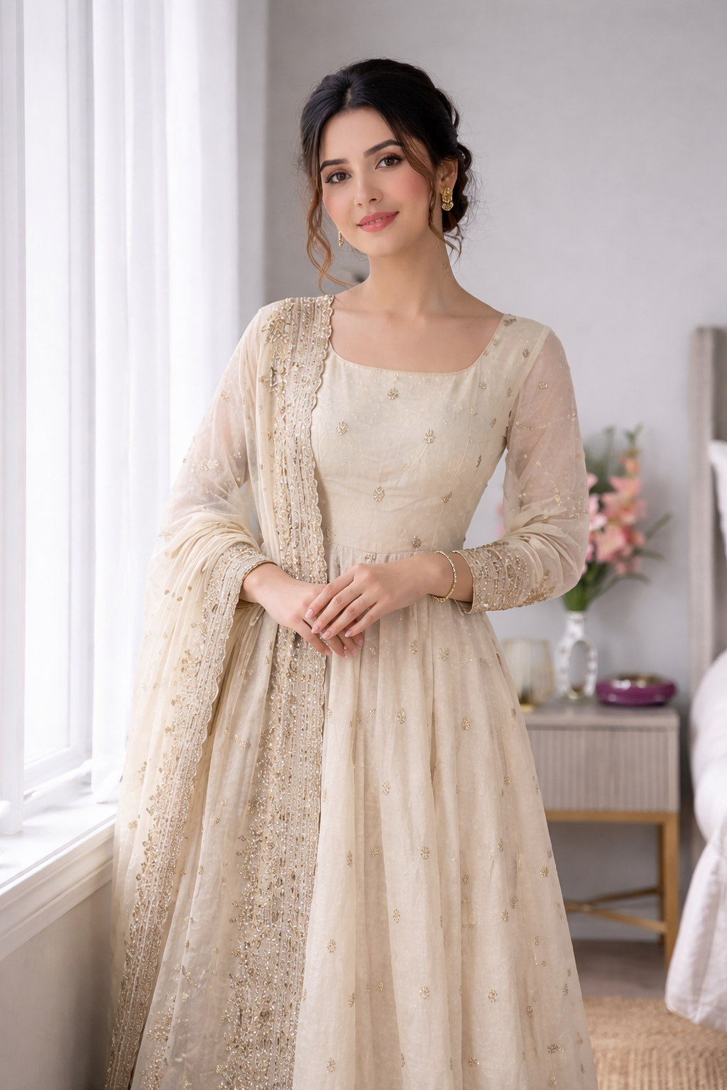 Woman in a beige traditional outfit standing in a bedroom.