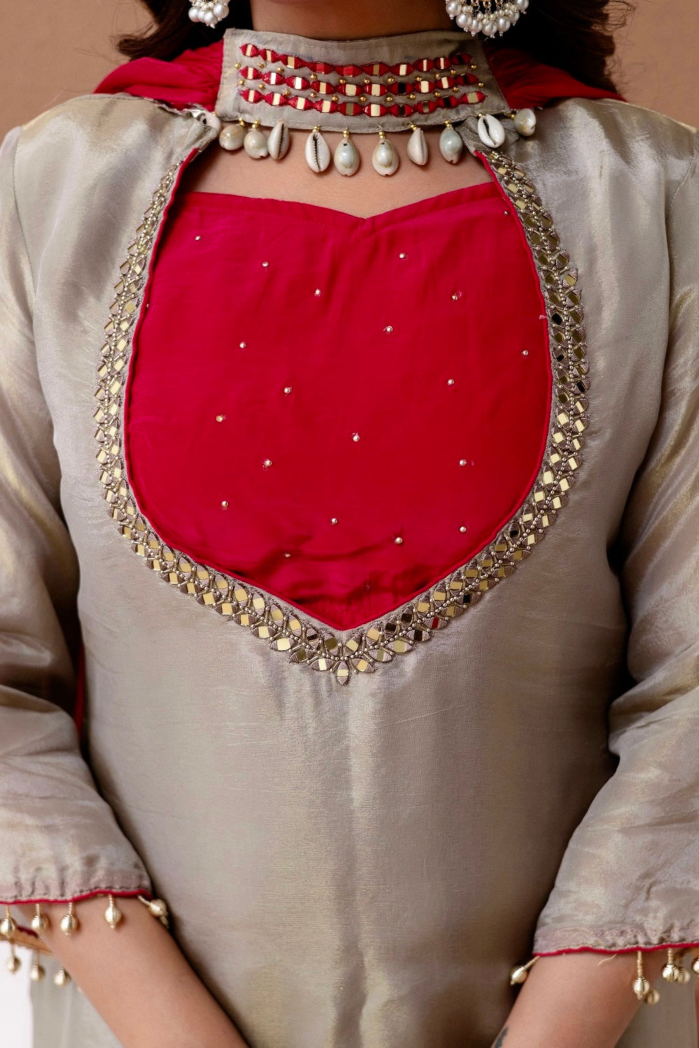 Premium Golden Beige Roman Glass Silk Bustier Suit Set