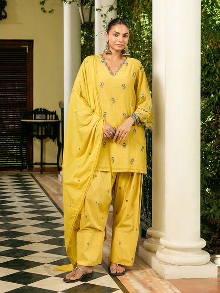Yellow Embroidered Chanderi Kurta with Farshi Salwar